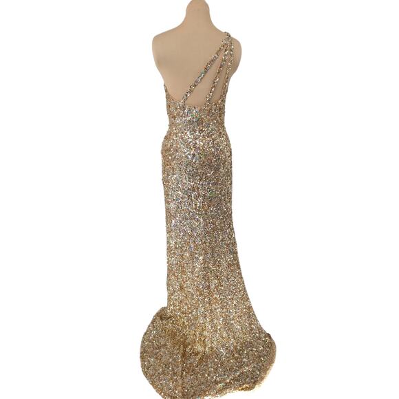 Sherri Hill Gold Sequin One-Shoulder Gown Size 8 Slit Formal Prom Dress - Picture 4 of 6